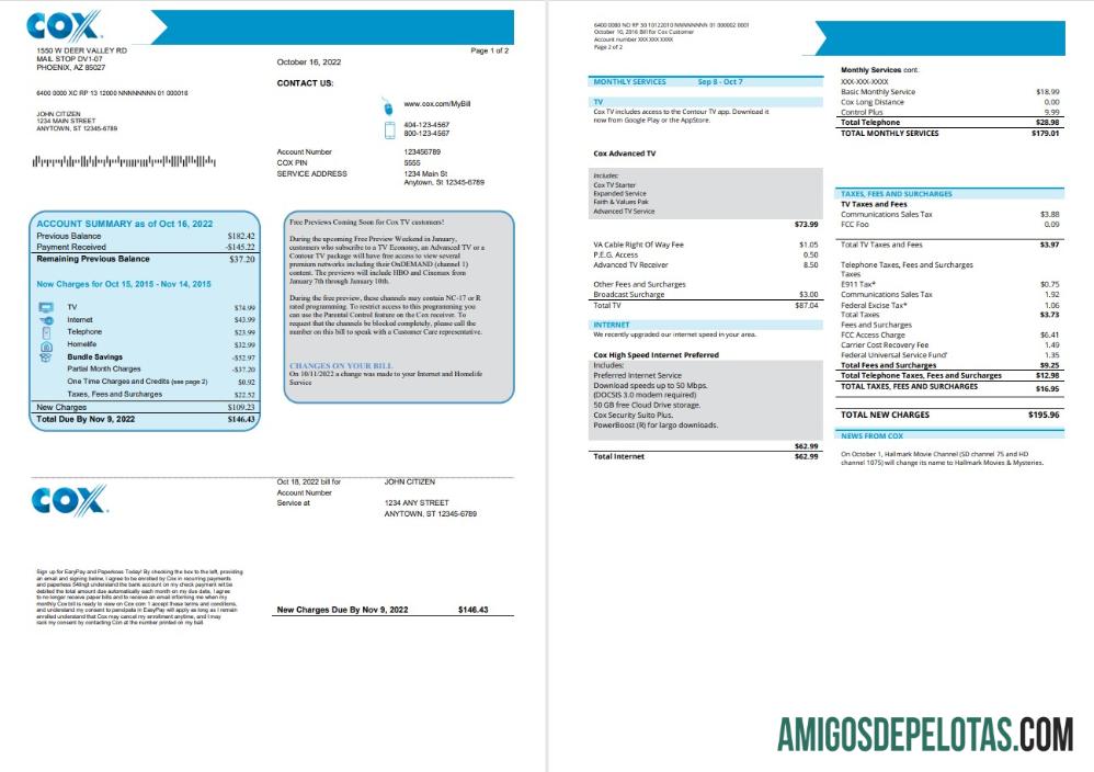 imprimível Modelo de fatura de serviços públicos COX dos EUA em formato Word e PDF